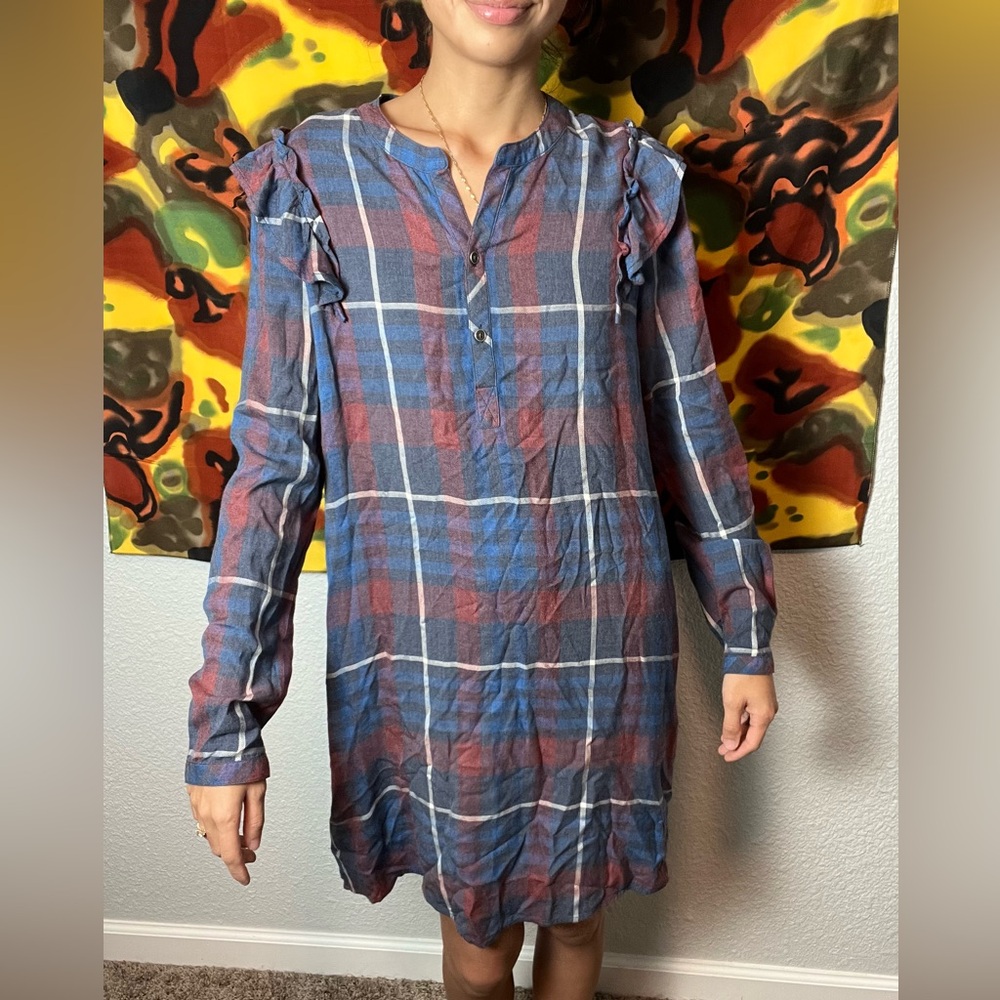 Anthropologie Cloth & Stone Long Sleeve Plaid Shirt Ruffle Dress Sz S